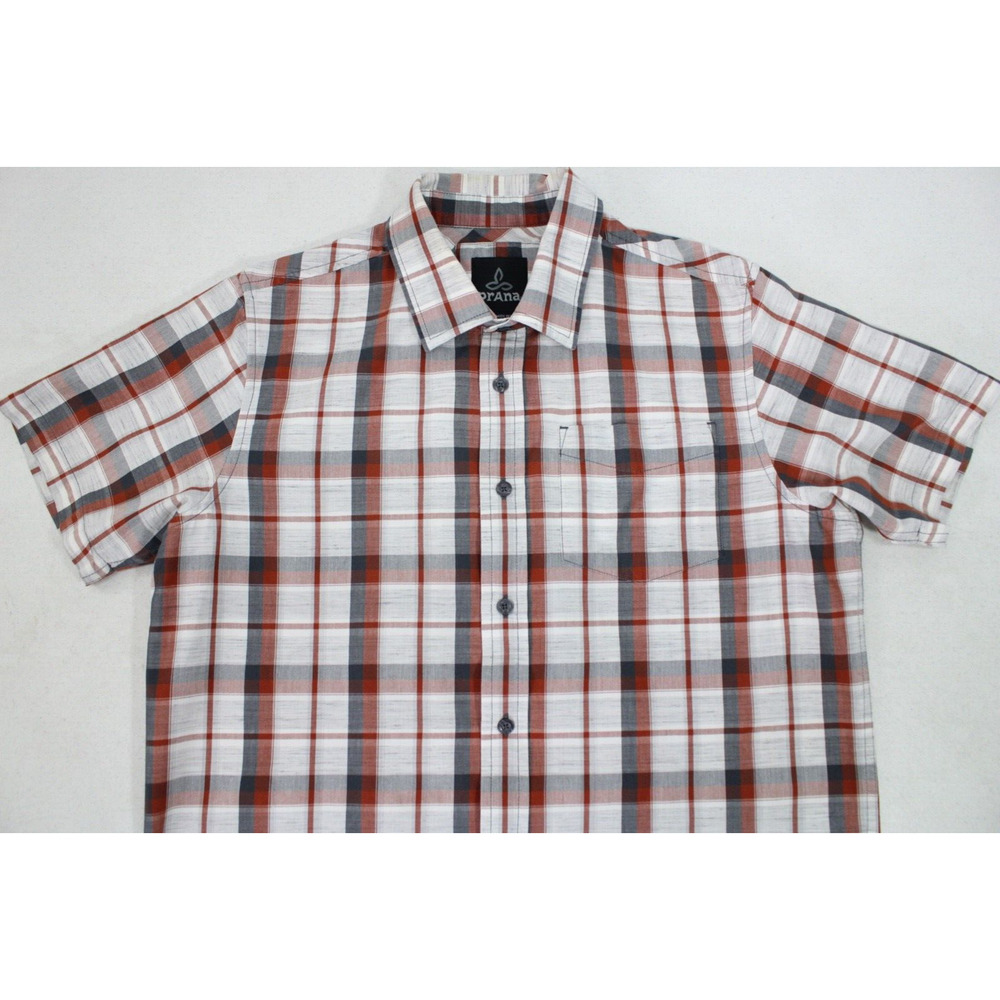 PRANA MEN'S SMALL PLAID COTTON BLEND BUTTON FRONT SHORT SLEEVE HIKING SHIRT